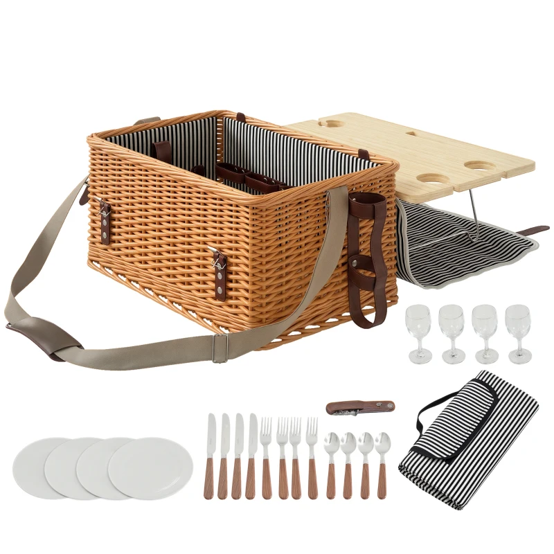 Outsunny Cesta da Pic Nic per 4 Persone con Tavolino e Cavatappi, in Vimini, 51x33x25 cm, Marrone Chiaro