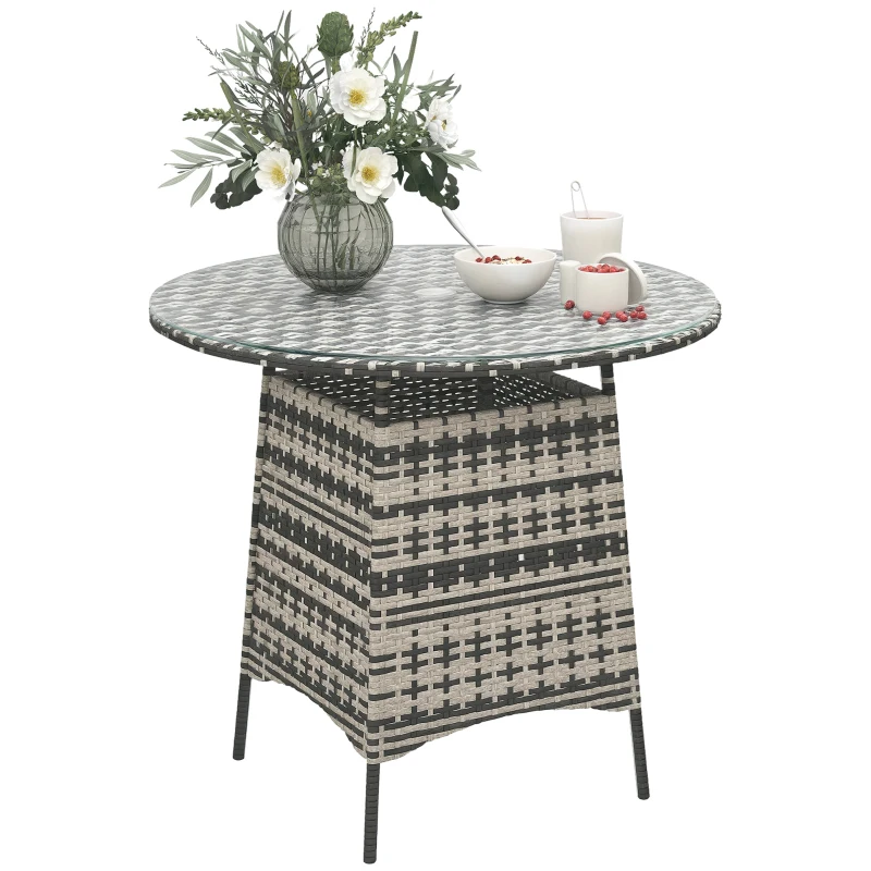 Outsunny Wicker Garden Rattan Table, Patio Furniture Outdoor Coffee Table with Umbrella Hole and Tempered Glass Top, Grey