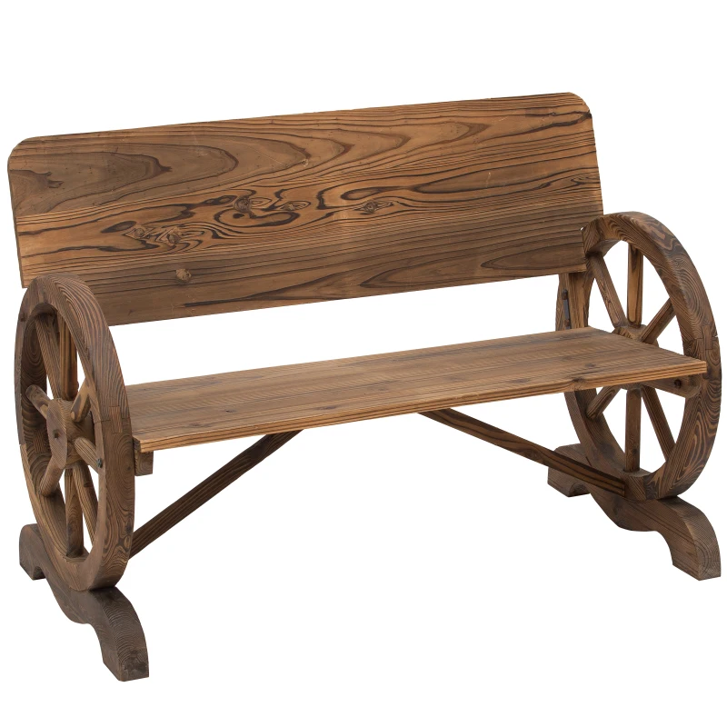 Outsunny Wooden Cart Wagon Wheel 2 Seater Garden Bench Outdoor Chair Rustic High Back Loveseat Burnt Stained