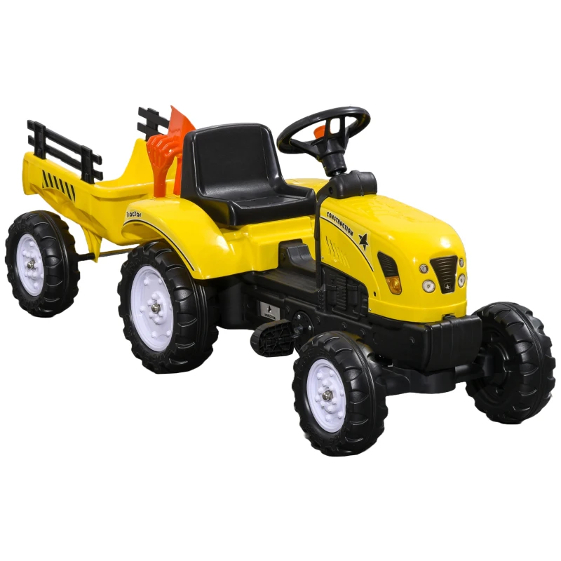 HOMCOM Pedaaltractor met aanhanger, gereedschap, claxon, voor kinderen van 3 jaar en ouder, metalen frame, zwart/geel, 133 x 42 x 51 cm