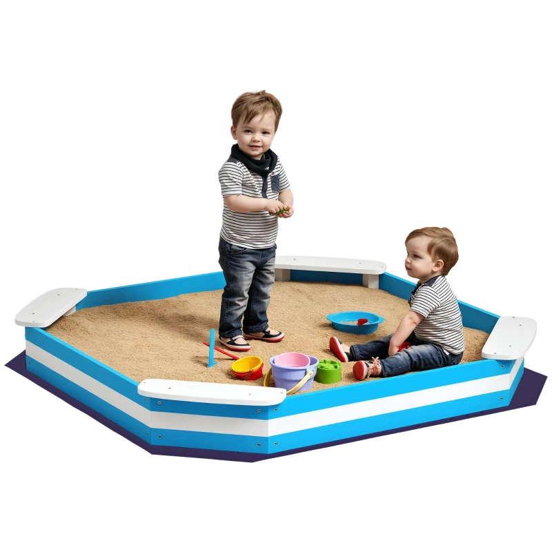 AIYAPLAY Caixa de Areia para Crianças acima de 3 Anos Quadrada com 4 Assentos para Exterior 133x133x16 cm Azul e Branco