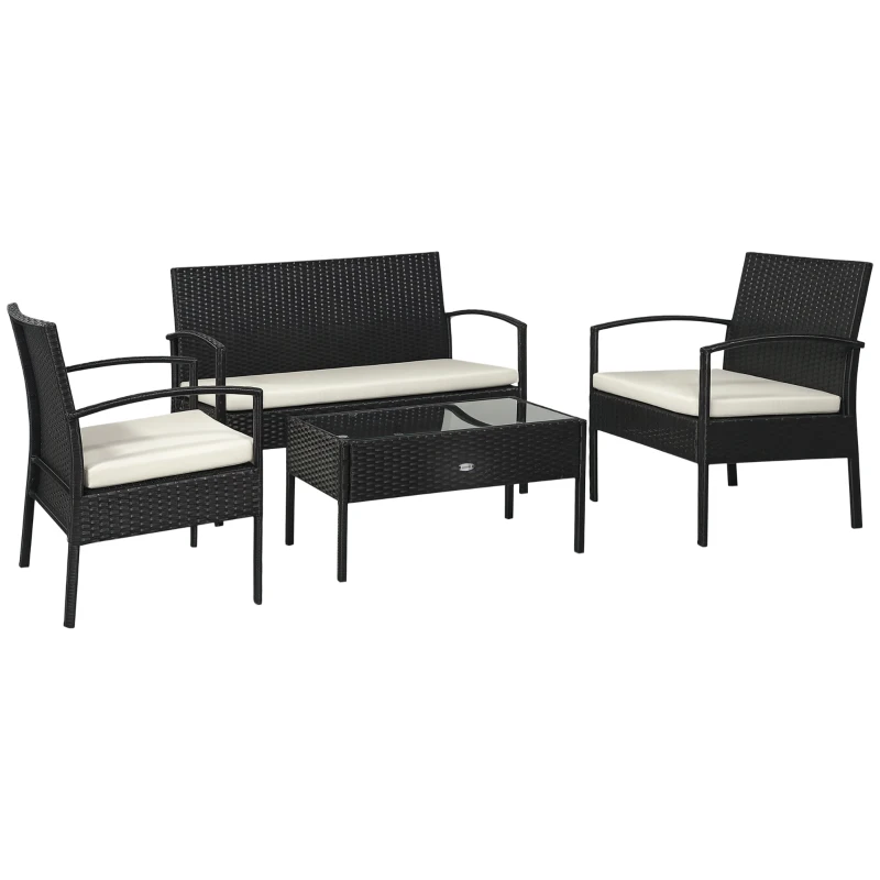 Outsunny 4 Pieces Rattan Garden Furniture Set, 4 Seater Garden Sofa Set with Loveseat, Armchairs and Glass Top Table, Wicker Conservatory Furniture with Cushions for Patio, Balcony, Black