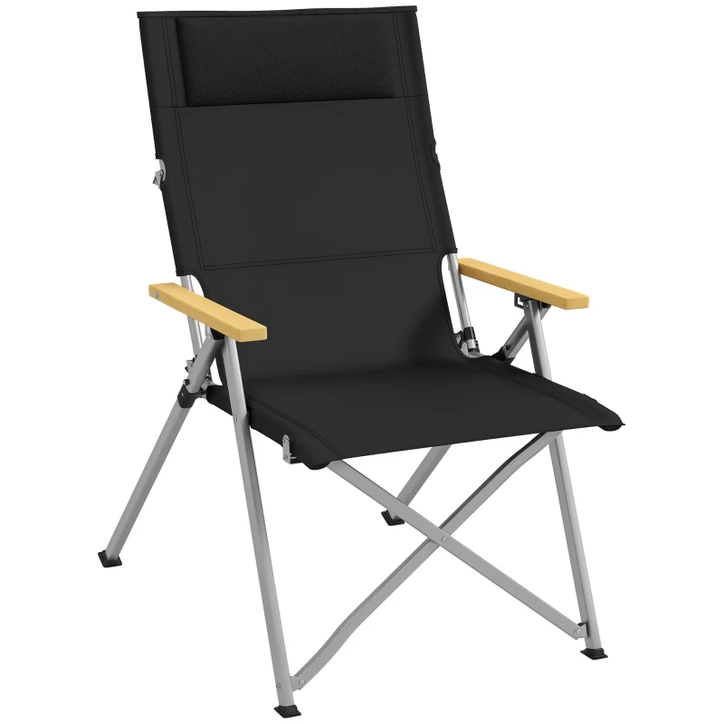 Outsunny Silla de Camping Plegable de Aluminio Respaldo Ajustable Reposabrazos de Madera Bolsa de Transporte 74x59,5x98 cm Negro