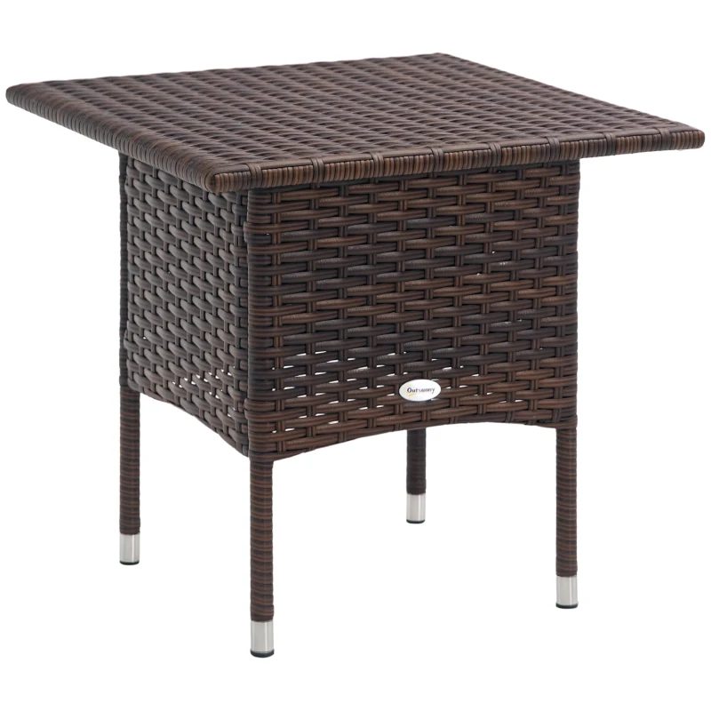 Outsunny Outdoor Rattan Side Table Coffee Table with Plastic Board, Full Woven Table Top for Patio, Garden, Balcony, Mixed Brown