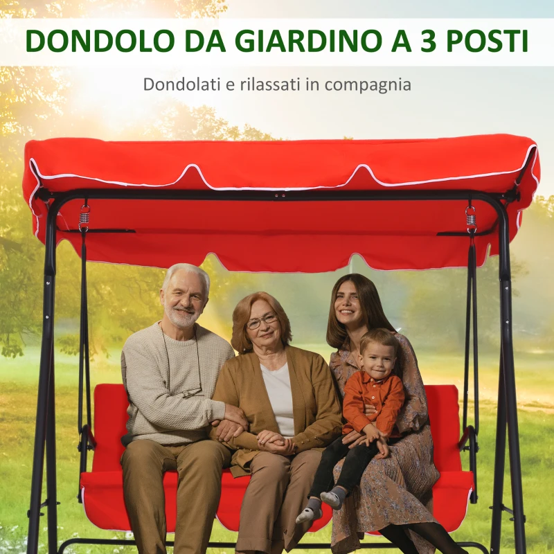 Outsunny Dondolo da Giardino 3 Posti con Tetto e Struttura in Acciaio, Rosso