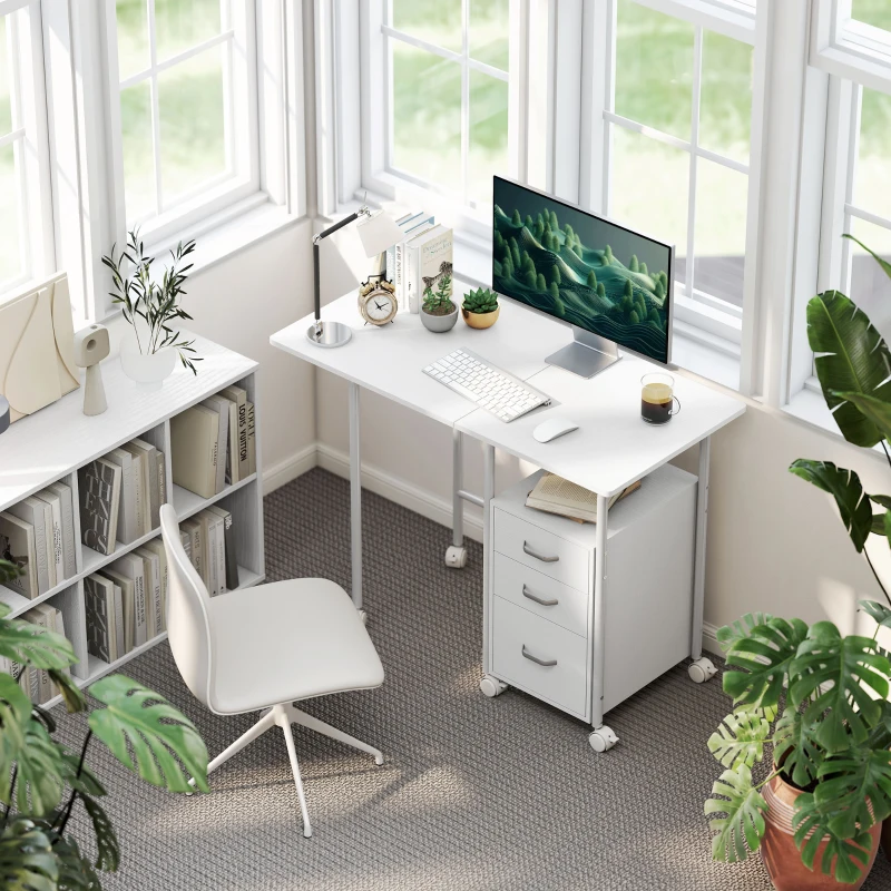 HOMCOM Escritorio de ordenador plegable con ruedas, escritorio con almacenamiento, 3 cajones, tablero extensible, 105x51x75,5cm, blanco