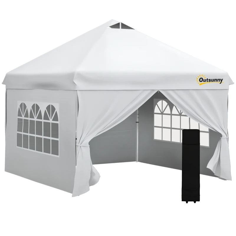 Outsunny Tonnelle pop-up tente de jardin barnum 3x3 m hauteur réglable avec 4 parois latérales amovibles, fenêtres, sac de transport à roulettes - blanc
