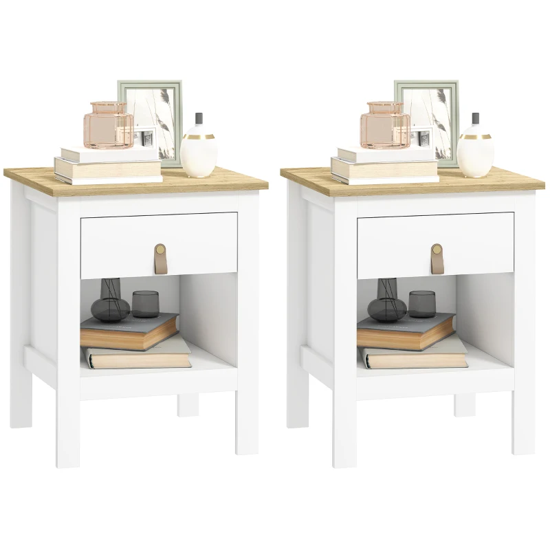 HOMCOM Set 2 Comodini con Cassetto e Ripiano Aperto in Legno, 45x40x55 cm, Bianco e Rovere