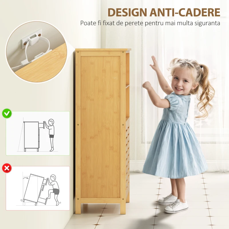 kleankin Dulap de Baie Salvaspazio din Lemn cu Dulap, 2 Uși și 2 Rafturi Deschise, 50x29x92 cm