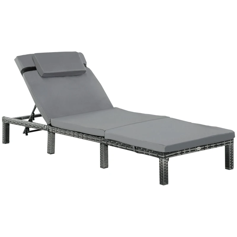 Outsunny Rattan Sun Lounger, 5-Level Adjustable Garden Lounger Recliner with Cushion and Headrest, Outdoor Reclining Sunbed, Steel Frame Garden Chair for Patio, Beach, Terrace, Dark Grey