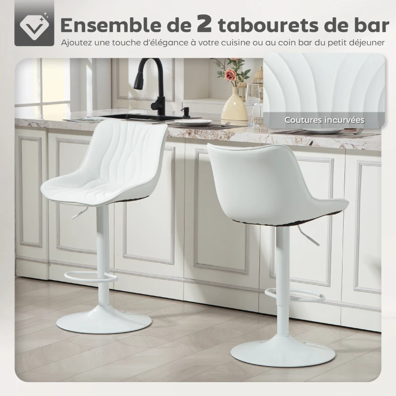 HOMCOM Lot de 2 tabourets de bar, chaises de bar structure en acier hauteur réglable 92-110 cm, dossier repose-pieds blanc