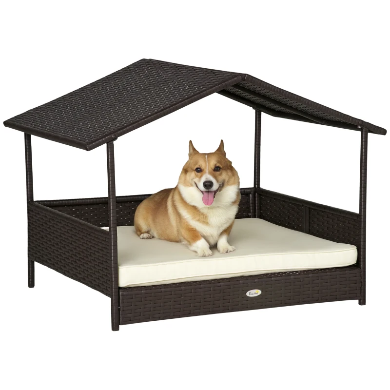 PawHut Wicker Dog House, Rattan Pet Bed, with Removable Cushion, Canopy, for Small and Medium Dogs - Cream