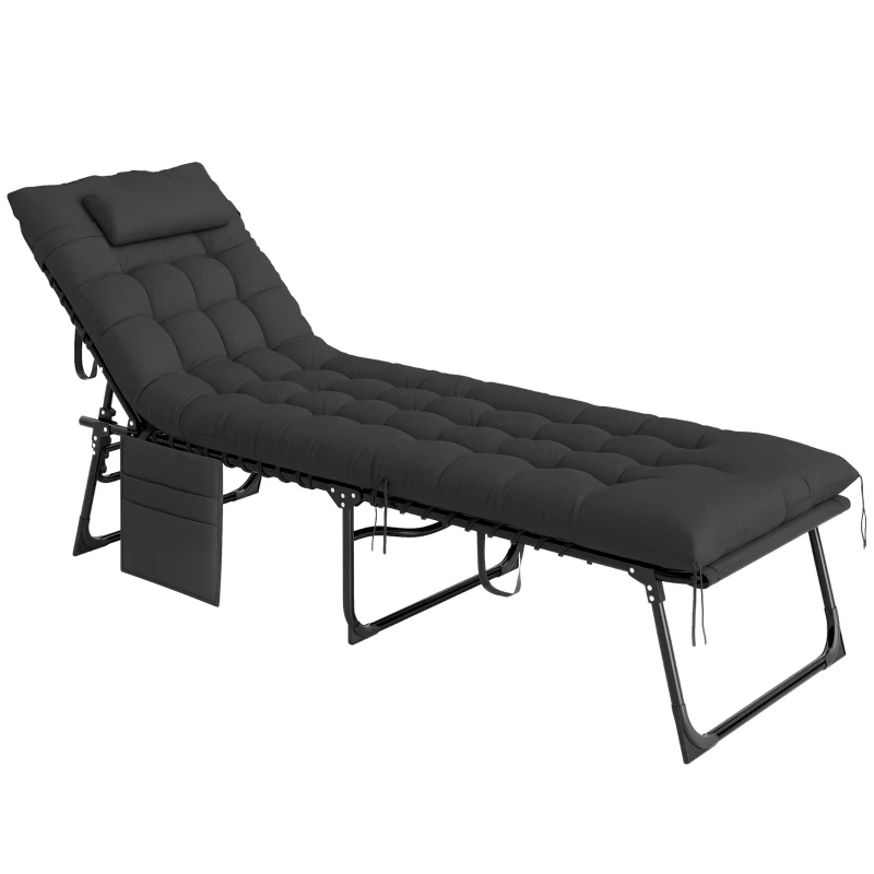 Outsunny Bain de soleil chaise longue pliante avec coussin appuie-tête poche latérale inclinable 58 x 189 x 32,5 cm noir