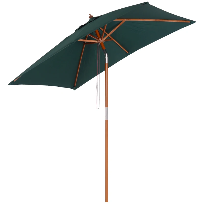 Outsunny Chapéu de Sol de Jardim 200x150x230cm Chapéu de Sol Retangular Inclinável com Polia Duplo Teto e Mastro Desmontável de Madeira para Terraço Pátio Verde