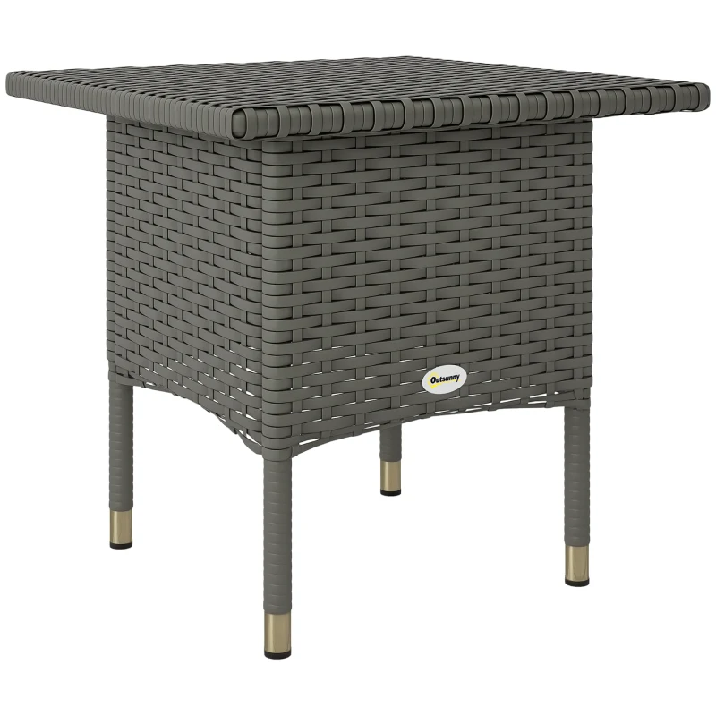 Outsunny Rattan Side Table, Outdoor Coffee Table with Plastic Board Under the Full Woven Table Top for Patio, Garden, Balcony, Grey