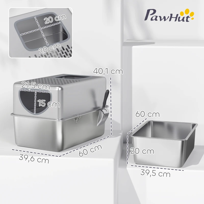 PawHut Katzenklo aus Edelstahl XL Katzentoilette mit Schaufel Doppelöffnungen Leicht zu reinigen Silber