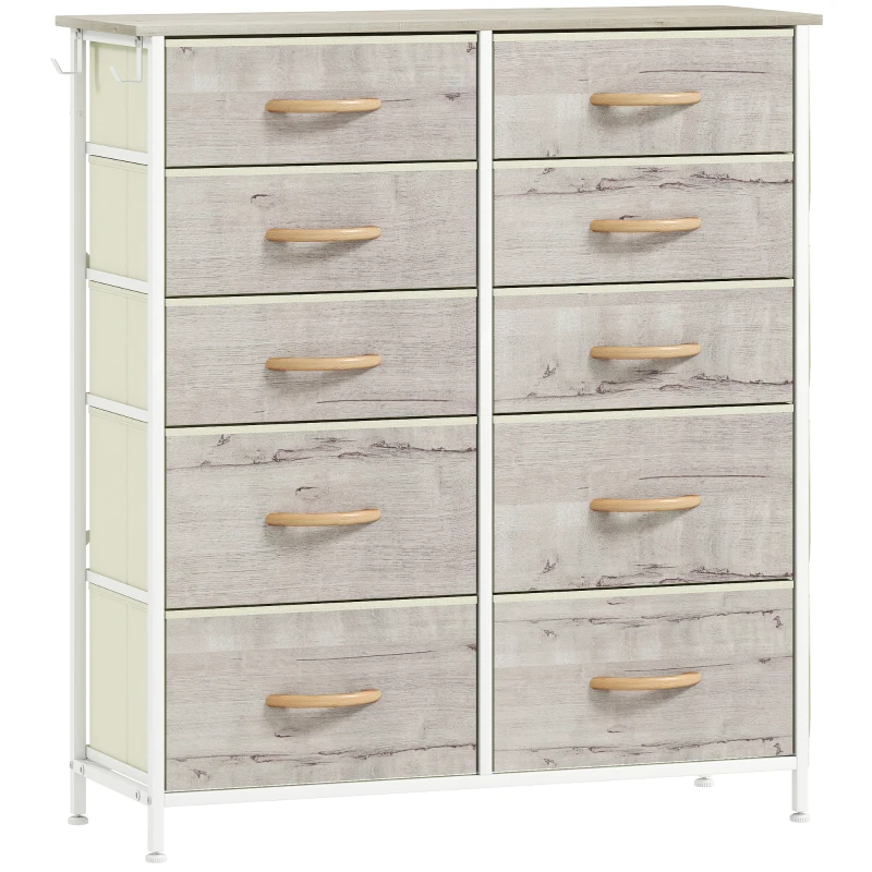 HOMCOM Chest of Ten Fabric Drawers - Natural Wood Finish