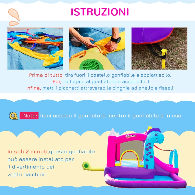 Outsunny Castello Gonfiabile per Bambini 3-8 Anni con Scivolo, Piscina e Trampolino, 3x2.7x2m