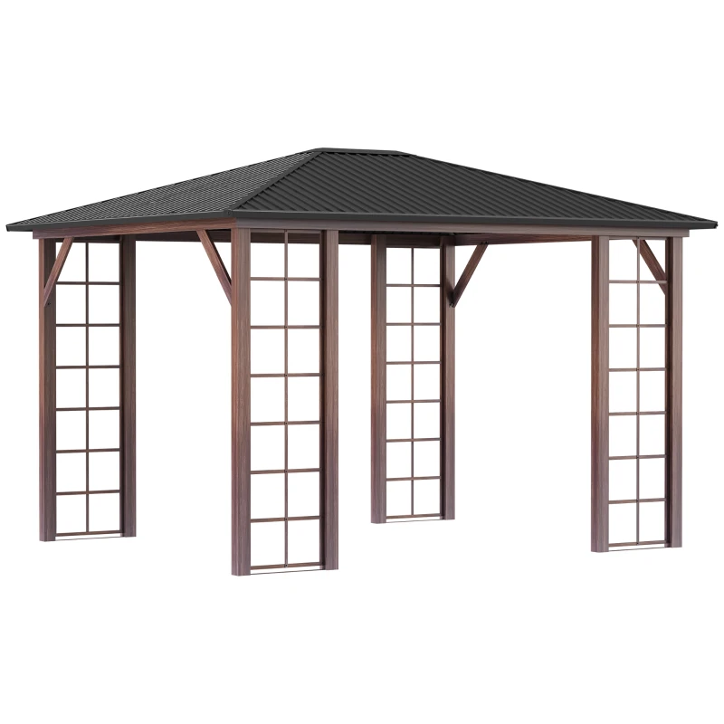 Outsunny Tonnelle pavillon de jardin avec toit rigide 364 x 299 x 280 cm structure en métal marron gris