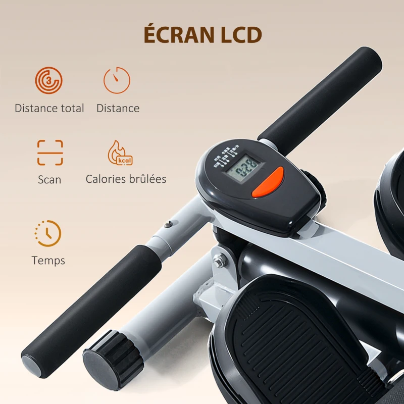 HOMCOM Rameur hydraulique à 12 niveaux de résistance, rameur d'appartement avec écran LCD, pédale antidérapante, charge 100 kg, pour maison, salle de gym, l'équipement d'entraînement d'intérieur, noir(m-5)