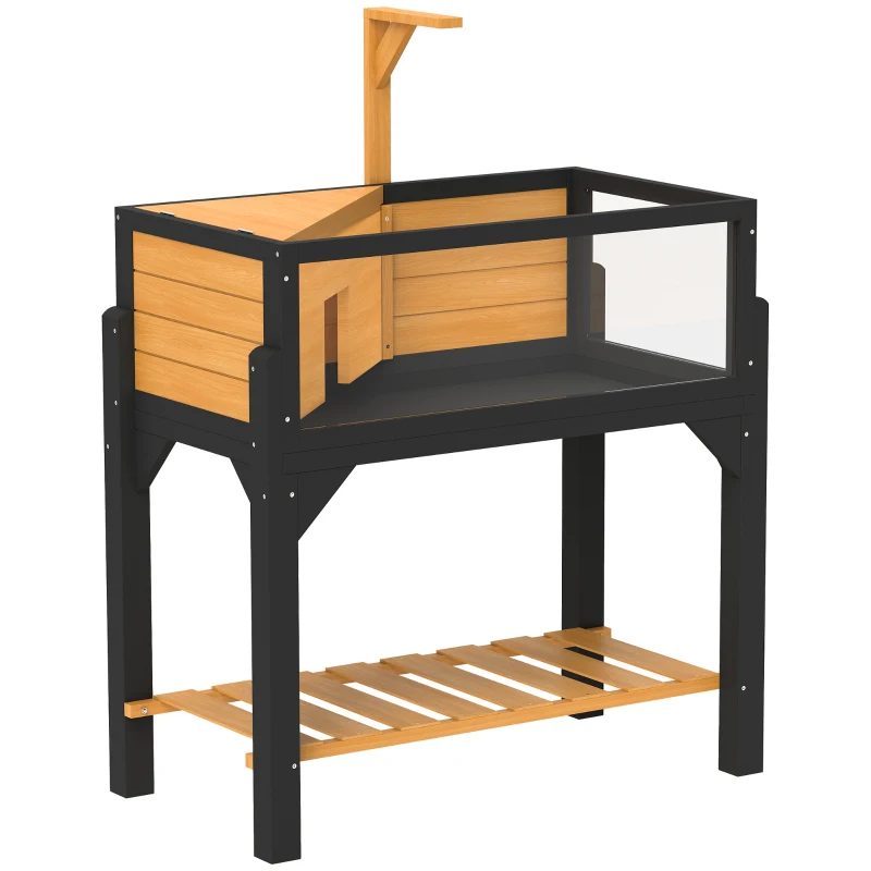 PawHut Wooden Tortoise House with Storage Shelf, Clear Observation Windows, Lamp Holder, Openable Top, Built-in Tray, Yellow