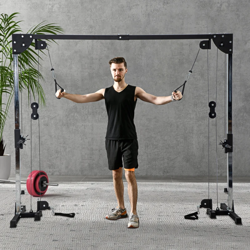 SPORTNOW Appareil de musculation double poulie vis à vis crossover, charge libre avec haltère 2 x 50kg dim. 245L x 85l x 207H cm(m-2)