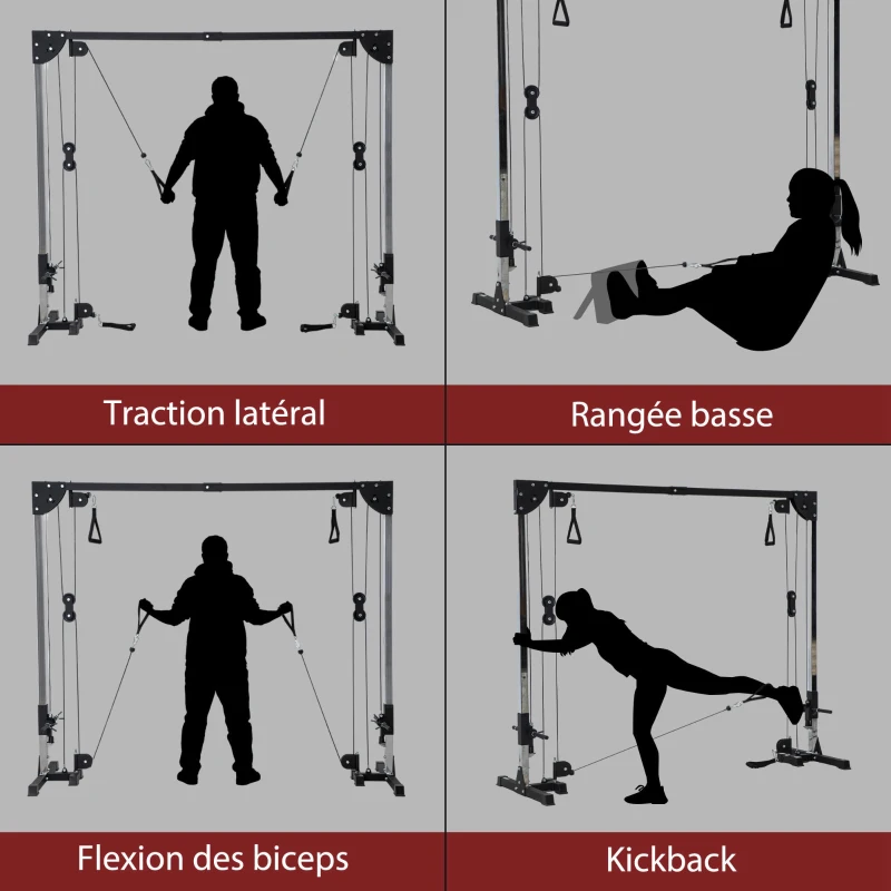SPORTNOW Appareil de musculation double poulie vis à vis crossover, charge libre avec haltère 2 x 50kg dim. 245L x 85l x 207H cm(m-4)