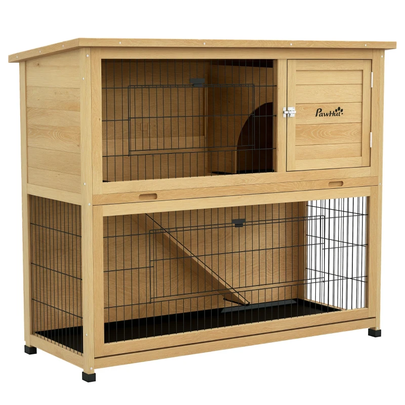PawHut Clapier à lapin en bois 2 étages avec 3 portes plateau coulissant rampe toit bitumé 120 x 50 x 102 cm jaune