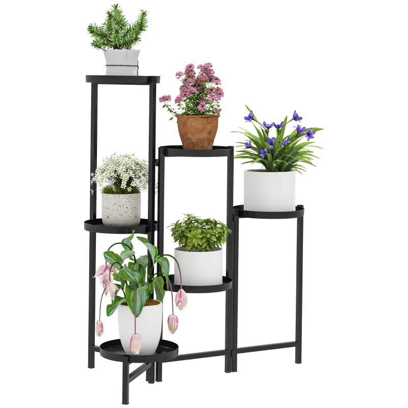 Outsunny Blumentopfständer, Pflanzenständer mit 6 verstellbaren runden Ebenen, Eckständer für Pflanzentöpfe, Metall, Schwarz(m-10)