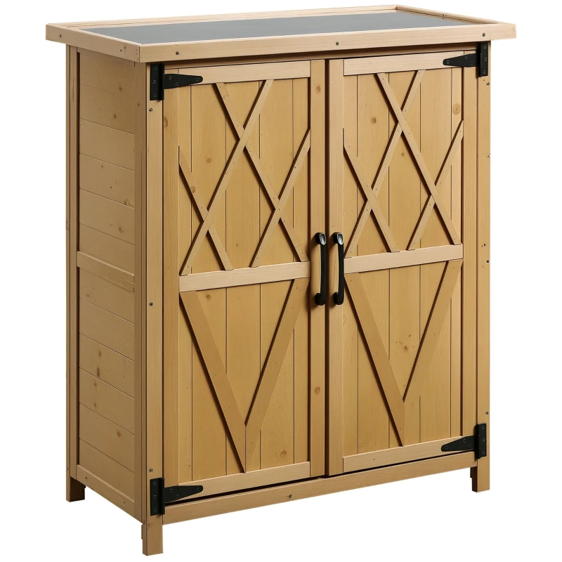 Outsunny Armadio da Giardino Porta Attrezzi in Legno con 2 Ante e 4 Scaffali, Piano in Lamiera, 75x40x90 cm