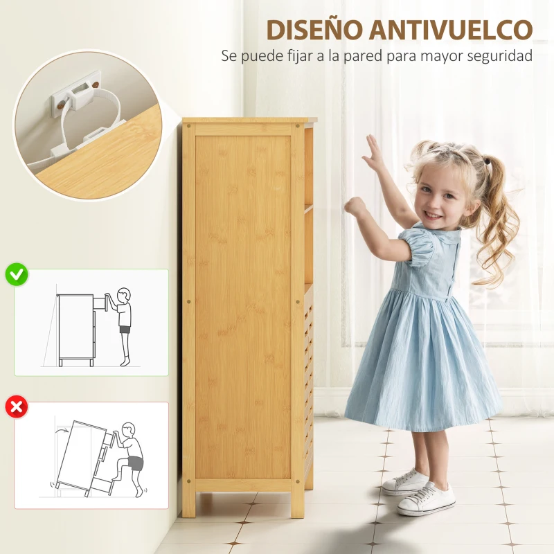 kleankin Mueble Auxiliar de Baño de Bambú Mueble de Baño con 2 Puertas 2 Estantes Abiertos y Patas Elevadas 50x29x92 cm Natural