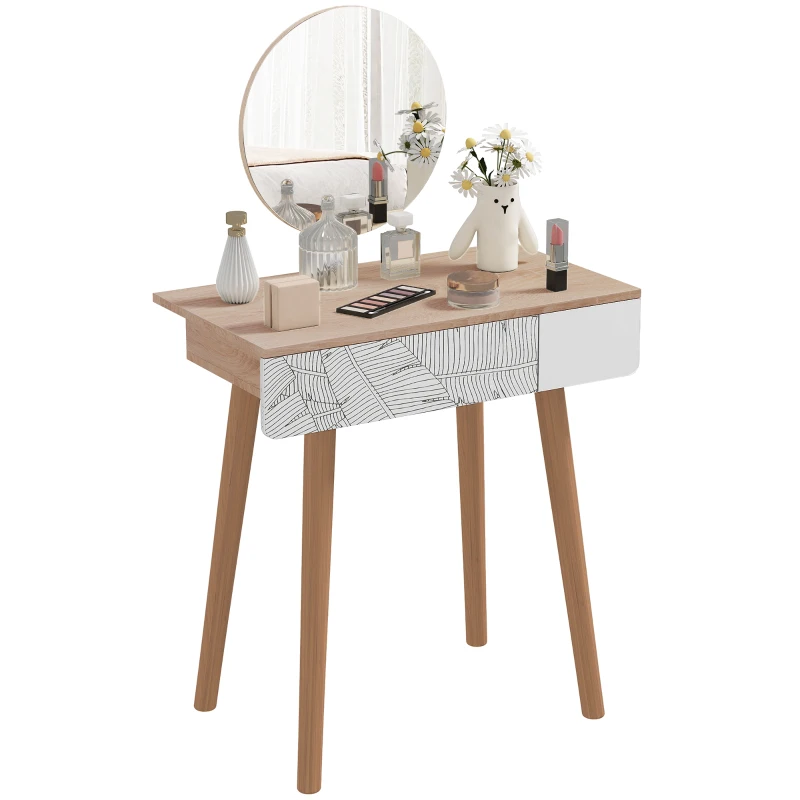 HOMCOM Toeletta Tavolo da Trucco con Specchio Circolare Ф39cm, Consolle Trucco con Cassetto con Decorazione Jungle, Bianco e Rovere, 70x39x119-128cm