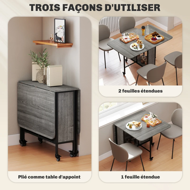 HOMCOM Table pliante de cuisine extensible salle à manger sur roulettes jusqu'à 6 personnes étagère intégrée, 6 roues, Gris