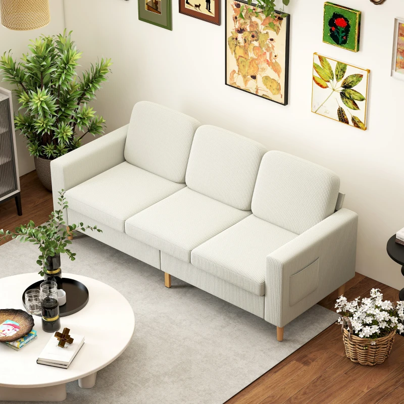 HOMCOM Canapé 3 places en velours côtelé, canapé avec coussins à ressorts et assise rembourré, 192x80x84,5cm, beige