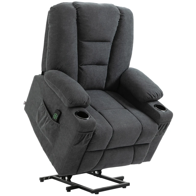 HOMCOM Oversized Riser and Recliner Chairs for the Elderly, Fabric Upholstered Lift Chair for Living Room with Remote Control, Side Pockets, Cup Holder, Charcoal Grey