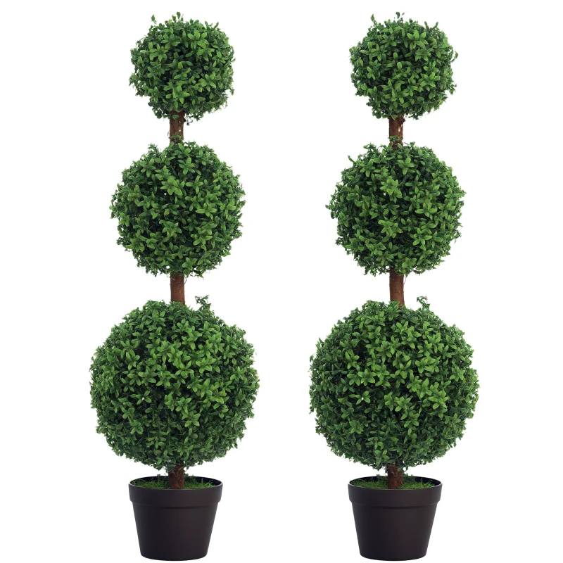 HOMCOM Set di 2 alberi artificiali 101,6 cm 3 boules di bosso topiario pianta finta verde PE con vaso interno ed esterno