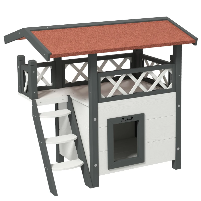 PawHut Caseta para Gatos de 2 Niveles 77x50x73 cm Refugio para Gatos con Techo Asfáltico Escalera y Balcón para Exterior Blanco