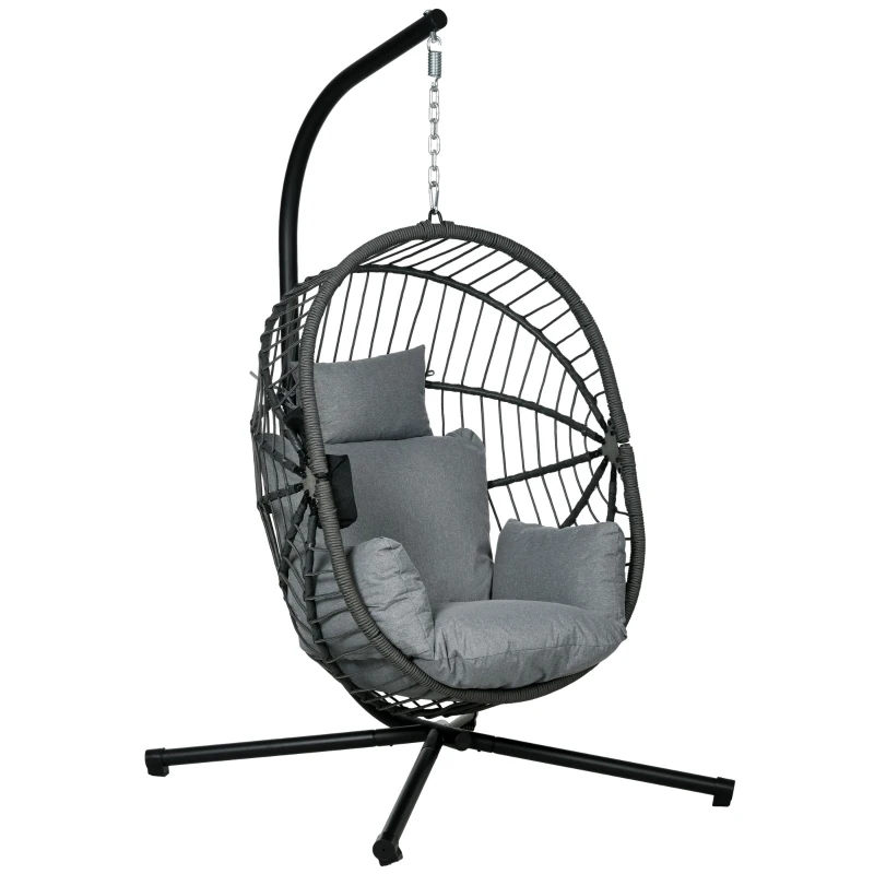Outsunny Silla Colgante Huevo con Soporte con Cesta Plegable Cojín y Reposacabezas para Interior y Exterior Carga 120 kg Gris
