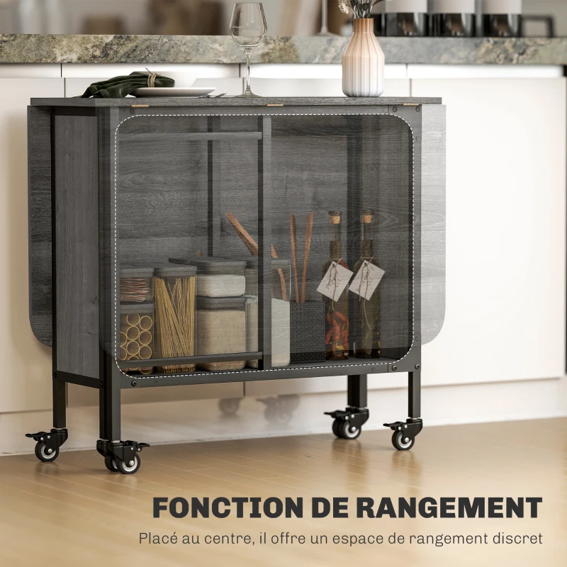 HOMCOM Table pliante de cuisine extensible salle à manger sur roulettes jusqu'à 6 personnes étagère intégrée, 6 roues, Gris