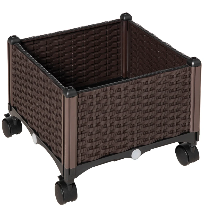 Outsunny Jardinera de Plástico Curdrada con 4 Ruedas Macetero de Jardín con Agujeros de Drenaje para Cultivo de Plantas en Exterior Patio Terraza 40x40x31,5 cm Marrón