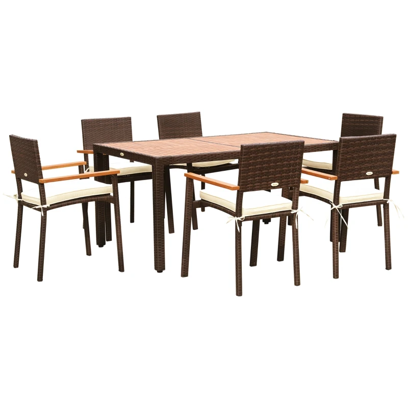 Outsunny Ensemble de table et 6 chaises de jardin en résine tressée avec coussins d'assise et plateau table en bois d'acacia - marron