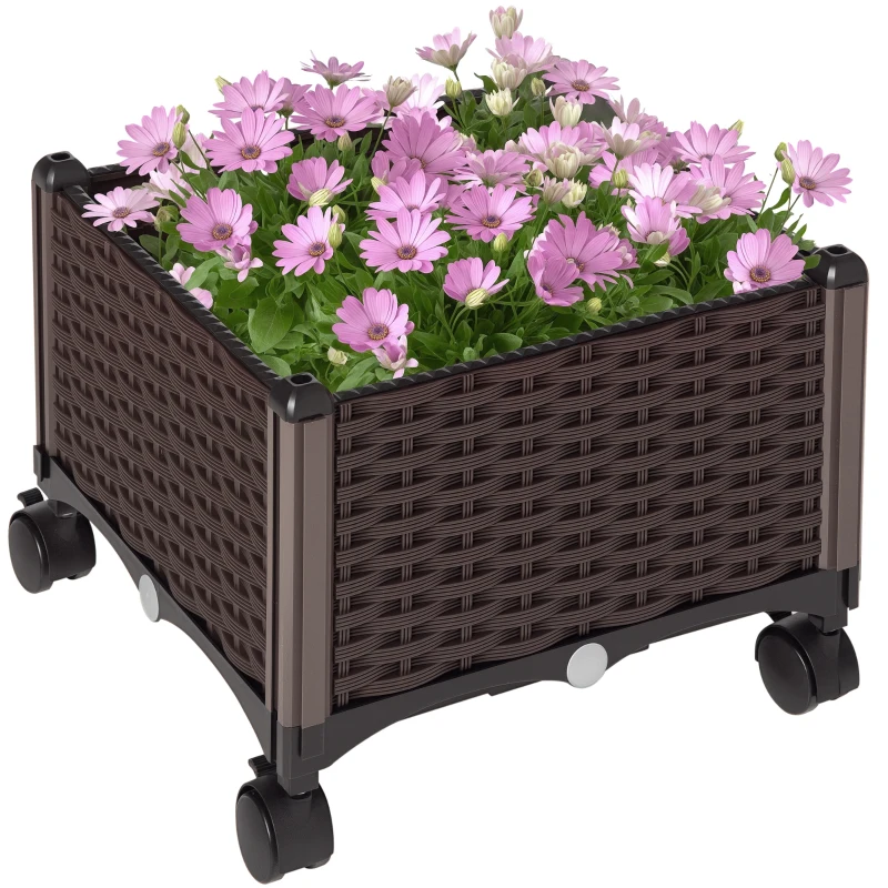 Outsunny Jardinera de Plástico Curdrada con 4 Ruedas Macetero de Jardín con Agujeros de Drenaje para Cultivo de Plantas en Exterior Patio Terraza 40x40x31,5 cm Marrón