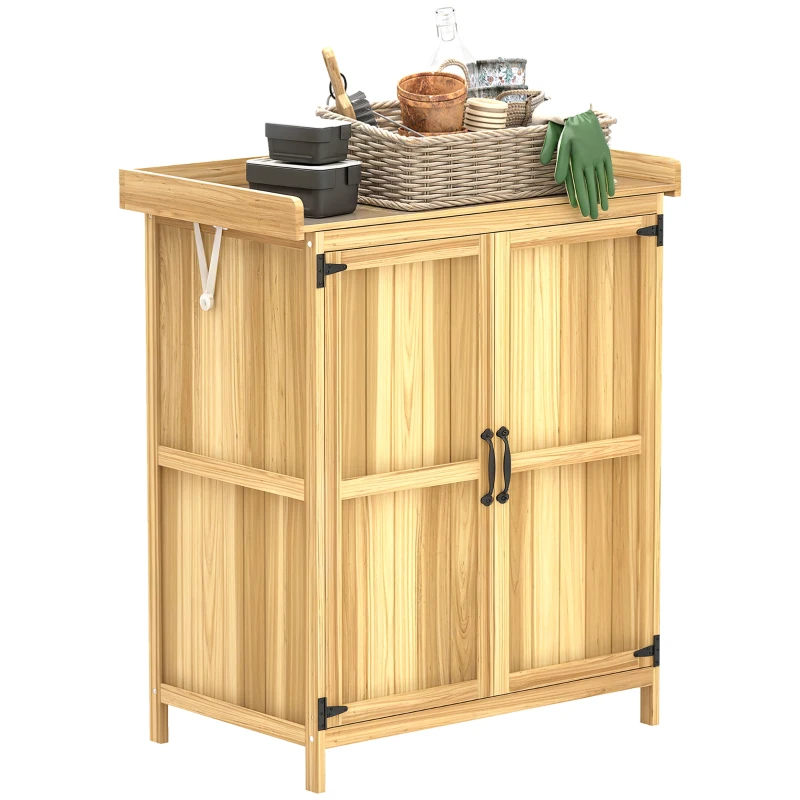 Outsunny Gartenschrank, Werkzeugschrank für den Außenbereich, mit Arbeitsfläche, Holz und Edelstahl, Doppeltüren, Naturholz(m-10)