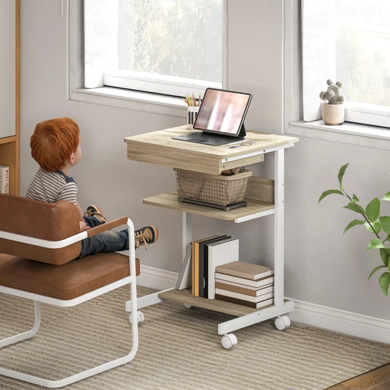 HOMCOM Scrivania PC con Cassetto Scorrevole, 2 Ripiani e 4 Rotelle, in Legno e Metallo, 56x51x79 cm, Bianco e Rovere
