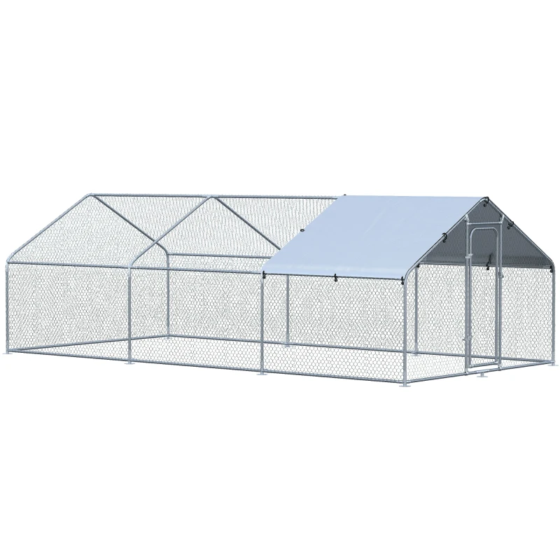 PawHut Gallinero Exterior Grande de Metal Galvanizado 3,03x6x1,95 m Jaula de Aves 3 Habitaciones Cubierta de Tela Oxford Plata