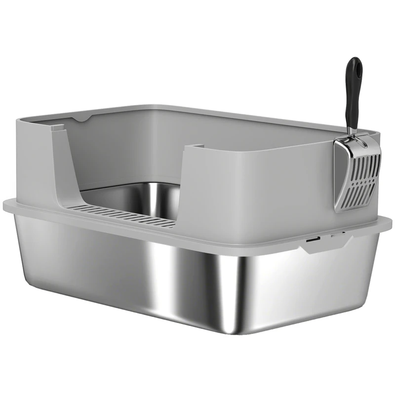 PawHut Arenero para Gatos de Acero Inoxidable XL con Borde Alto Pala Fácil de Limpiar Prueba de Fugas 60x40x29,5 cm Gris