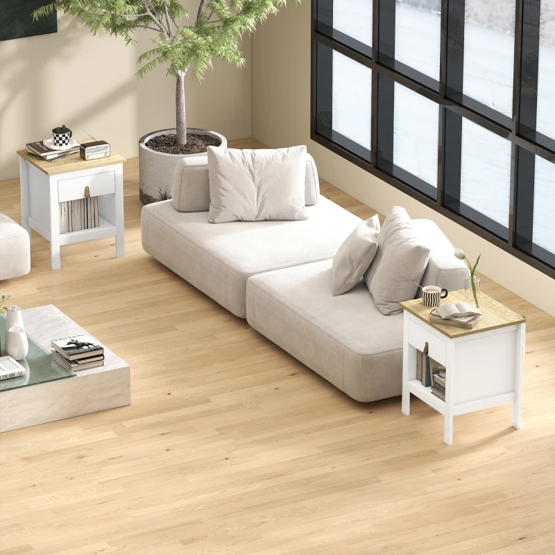 HOMCOM Set 2 Comodini con Cassetto e Ripiano Aperto in Legno, 45x40x55 cm, Bianco e Rovere