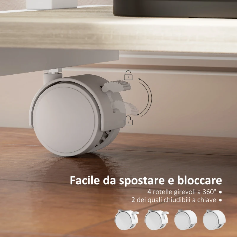 HOMCOM Scrivania PC con Cassetto Scorrevole, 2 Ripiani e 4 Rotelle, in Legno e Metallo, 56x51x79 cm, Bianco e Rovere
