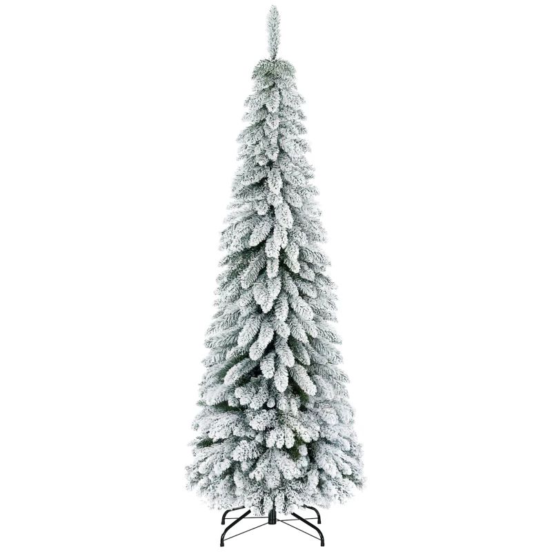 HOMCOM Brad Artificial de Craciun de Sarbatori Inalt de 180cm de Decor Tip Creion cu 523 de Crengute Pline de Zapada, Forma Coborata, Baza din Otel