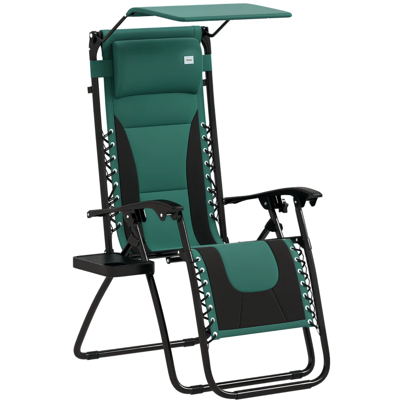 Outsunny Zero Gravity Lounger Chair, Folding Reclining Patio Chair with Shade Cover, Padded Seat, Cup Holder, Soft Cushion and Headrest for Poolside, Camping, Green